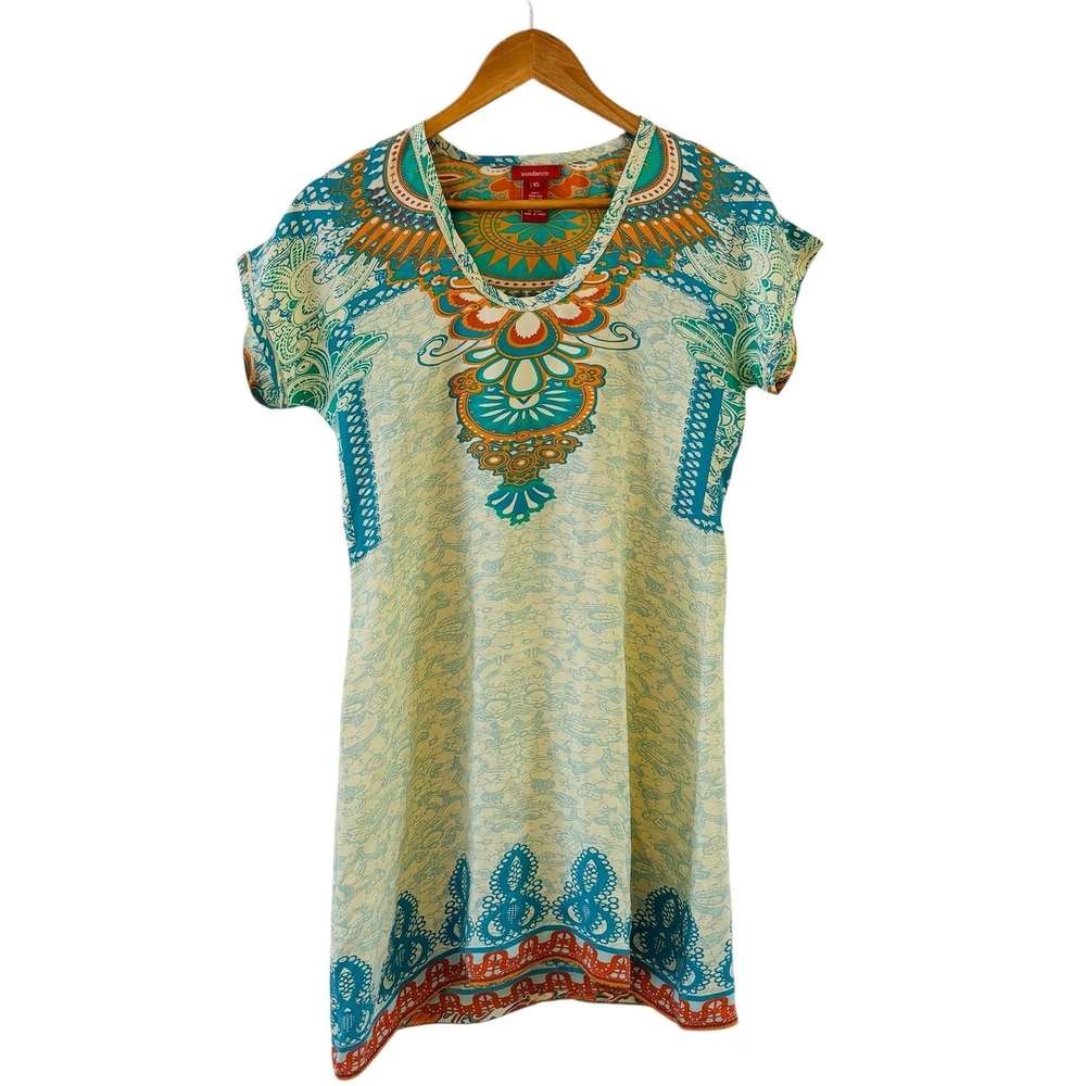 Sundance Silk Tunic Dress Womens XS Multicolor Paisley Boho Coastal Beach Travel
